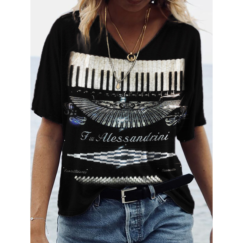Vintage Accordion Glitter V Neck T Shirt
