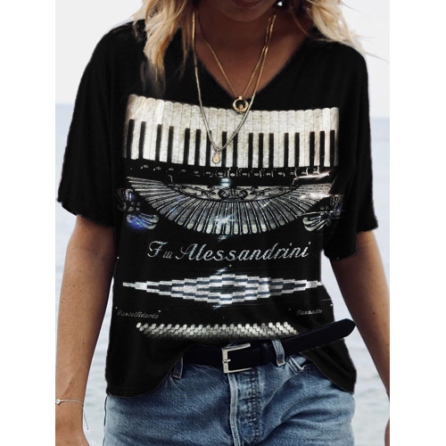 Vintage Accordion Glitter V Neck T Shirt