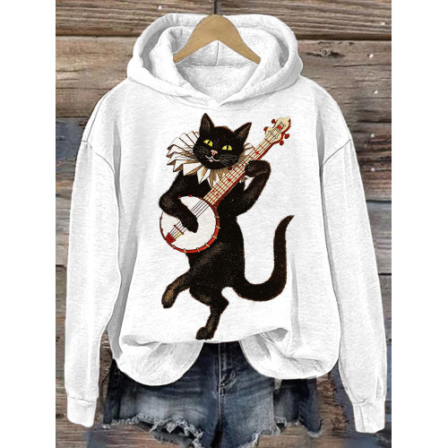 Vintage Cat Print Casual Cozy Hoodie