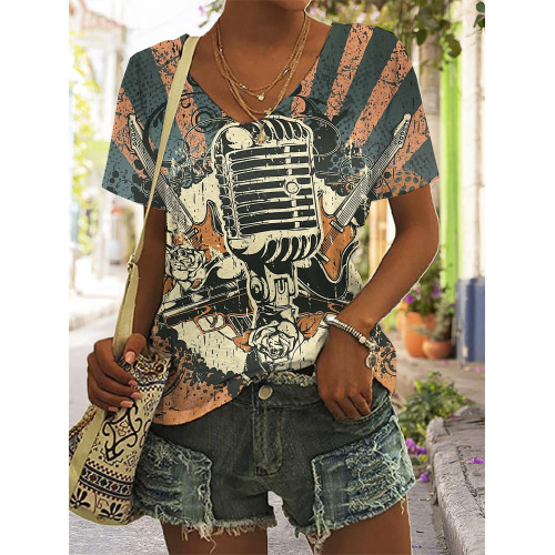Vintage Microphone & Guns & Roses V Neck T Shirt