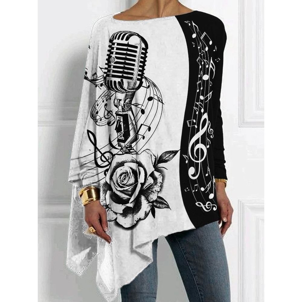 Vintage Microphone & Rose Art Contrast T Shirt