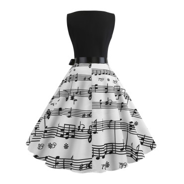 Vintage Music Notes Sheet Wide Skirt Midi Dress