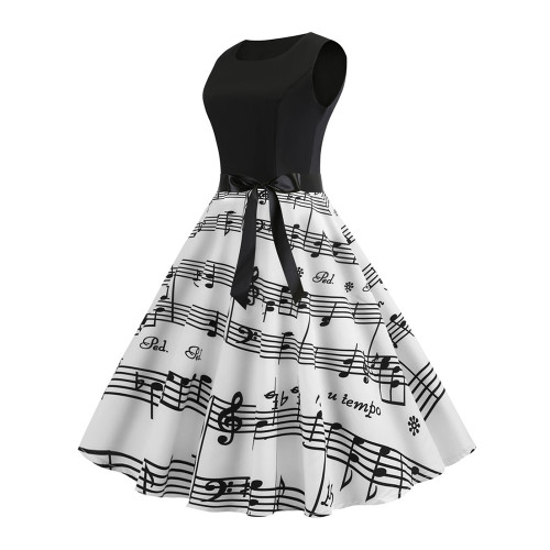 Vintage Music Notes Sheet Wide Skirt Midi Dress