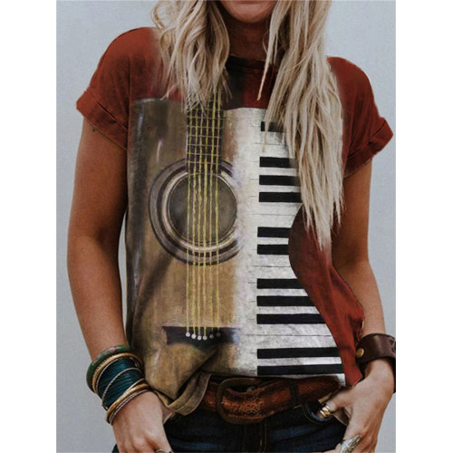 Vintage Piano Guitar Art Crew Neck T Shirt