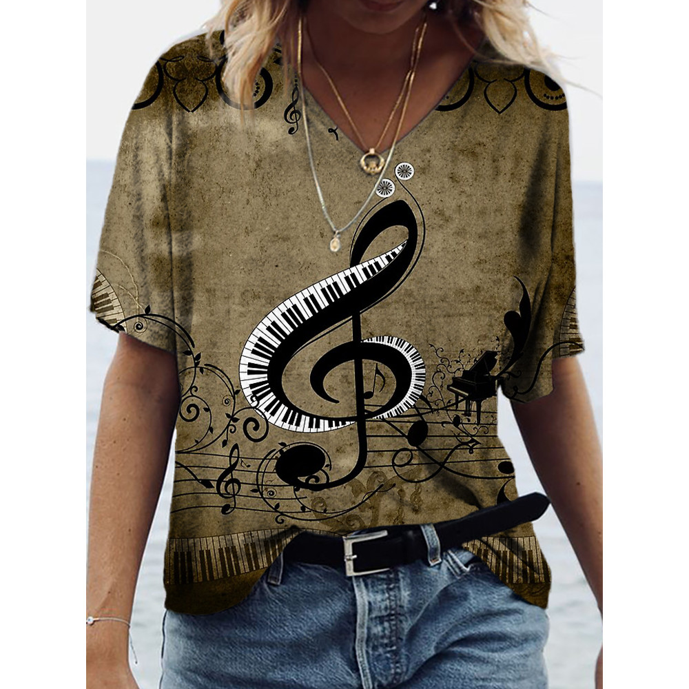 Vintage Piano Treble Clef Art V Neck Comfy T Shirt