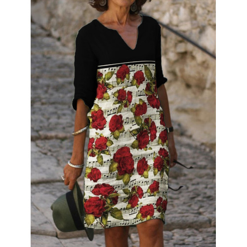 Vintage Roses Sheet Music Contrast Notch Neck Midi Dress