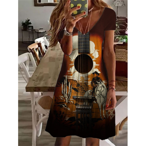 Vintage Western Guitar Inspired V Neck Midi Dress