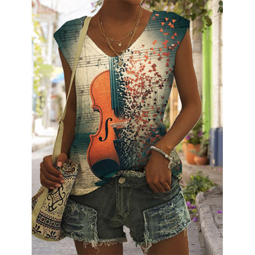 Violin Art V Neck Casual Tank Top