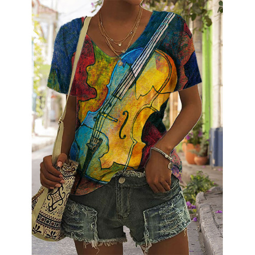Violin Colorblock Art V Neck T Shirt