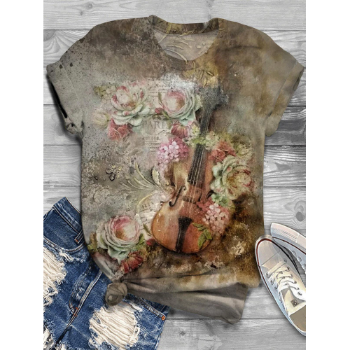 Violin Flower Print Crew Neck T-Shirt