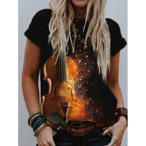 Violin Inspired Round Neck Short Sleeve T Shirt