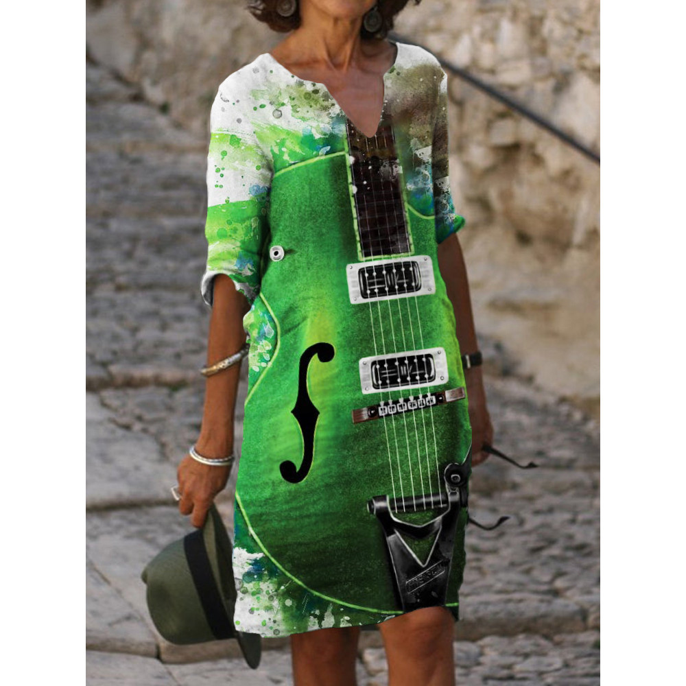 Watercolor Guitar Art Notch Neck Midi Dress