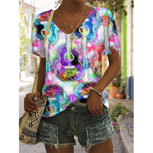 Watercolor Guitar Art V Neck Casual T Shirt