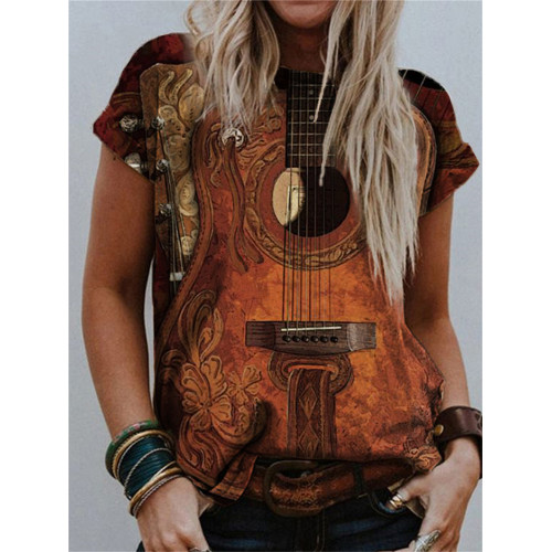 Western Leather Art Guitar Inspired Crew Neck T Shirt