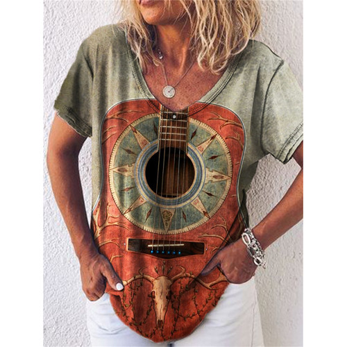 Western Wooden Guitar Inspired V Neck T Shirt