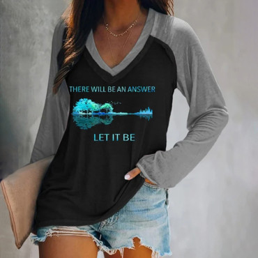 Whisper Words Of Wisdom Let It Be Print V Neck Long Sleeve T-Shirt