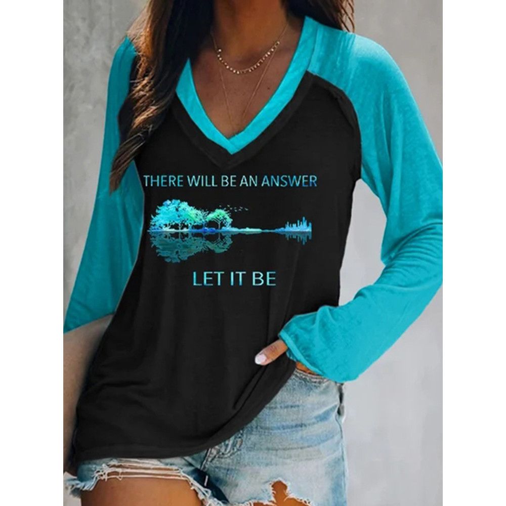 Whisper Words Of Wisdom Let It Be Print V Neck Long Sleeve T-Shirt