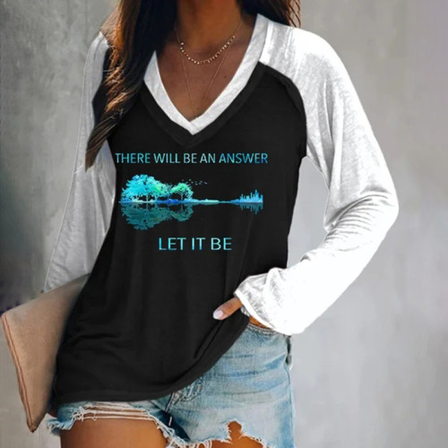 Whisper Words Of Wisdom Let It Be Print V Neck Long Sleeve T-Shirt