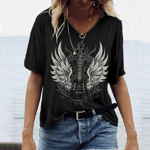 Wings Guitar Print V-Neck Short Sleeved T-Shirt