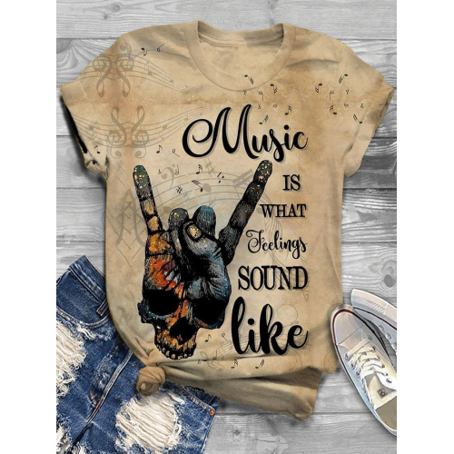 Women's Skull Music Print Retro T-Shirt
