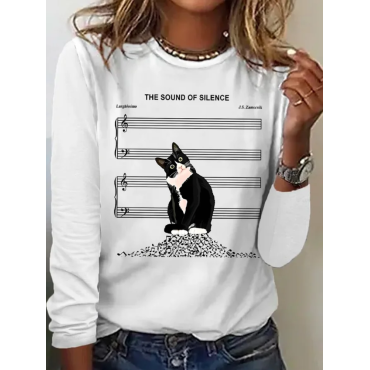 Women's The Sound Of Silence Funny Cute Cat Musical Staff Graphic Printing Casual Regular Fit Cat Crew Neck Shirt