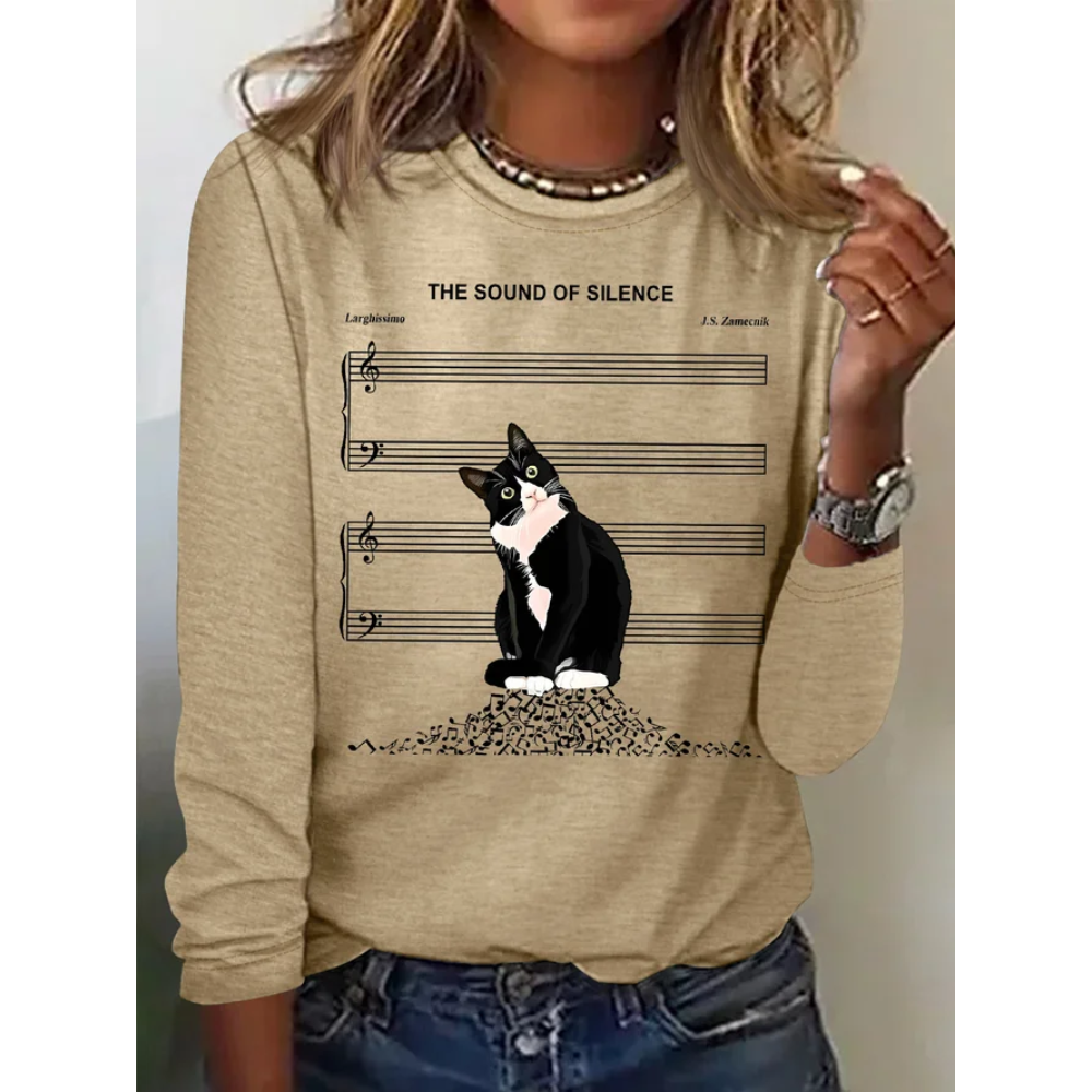 Women's The Sound Of Silence Funny Cute Cat Musical Staff Graphic Printing Casual Regular Fit Cat Crew Neck Shirt