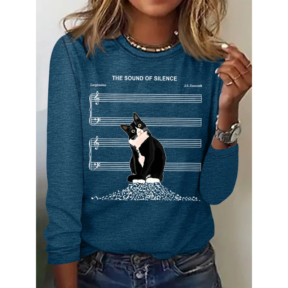 Women's The Sound Of Silence Funny Cute Cat Musical Staff Graphic Printing Casual Regular Fit Cat Crew Neck Shirt