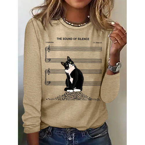 Women's The Sound Of Silence Funny Cute Cat Musical Staff Graphic Printing Casual Regular Fit Cat Crew Neck Shirt