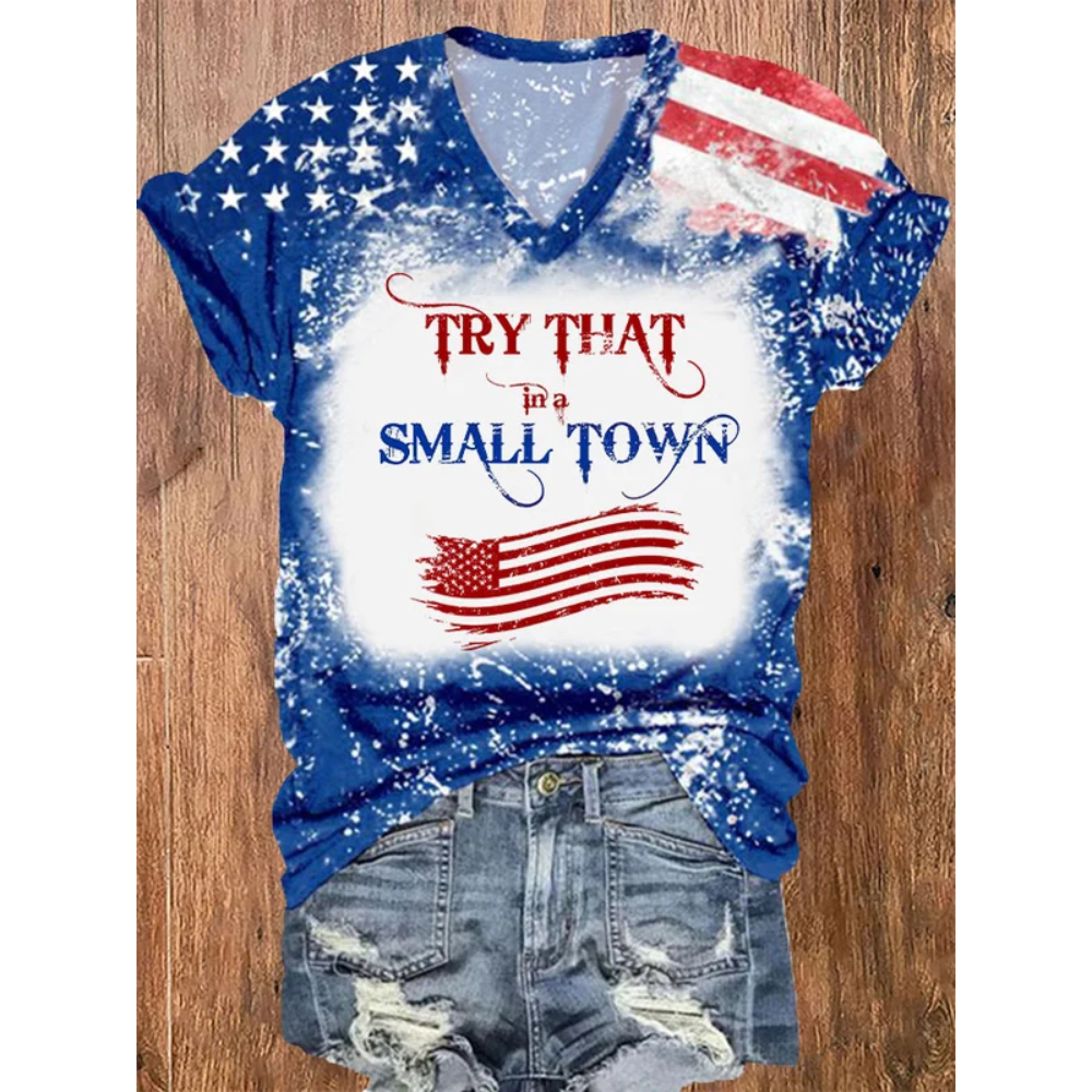 Women's Try That In A Small Town Flag Tie Dye Print V-Neck T-Shirt