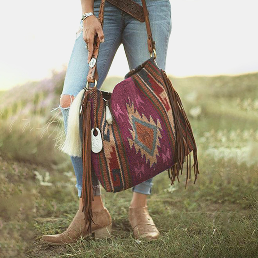 Women's Vintage Print Fringe Shoulder Bag