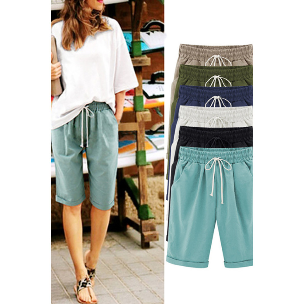 Casual Elastic Waist Tie Cotton Blend Shorts