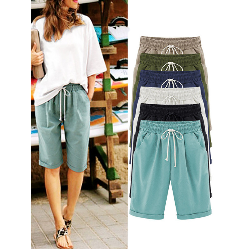 Casual Elastic Waist Tie Cotton Blend Shorts