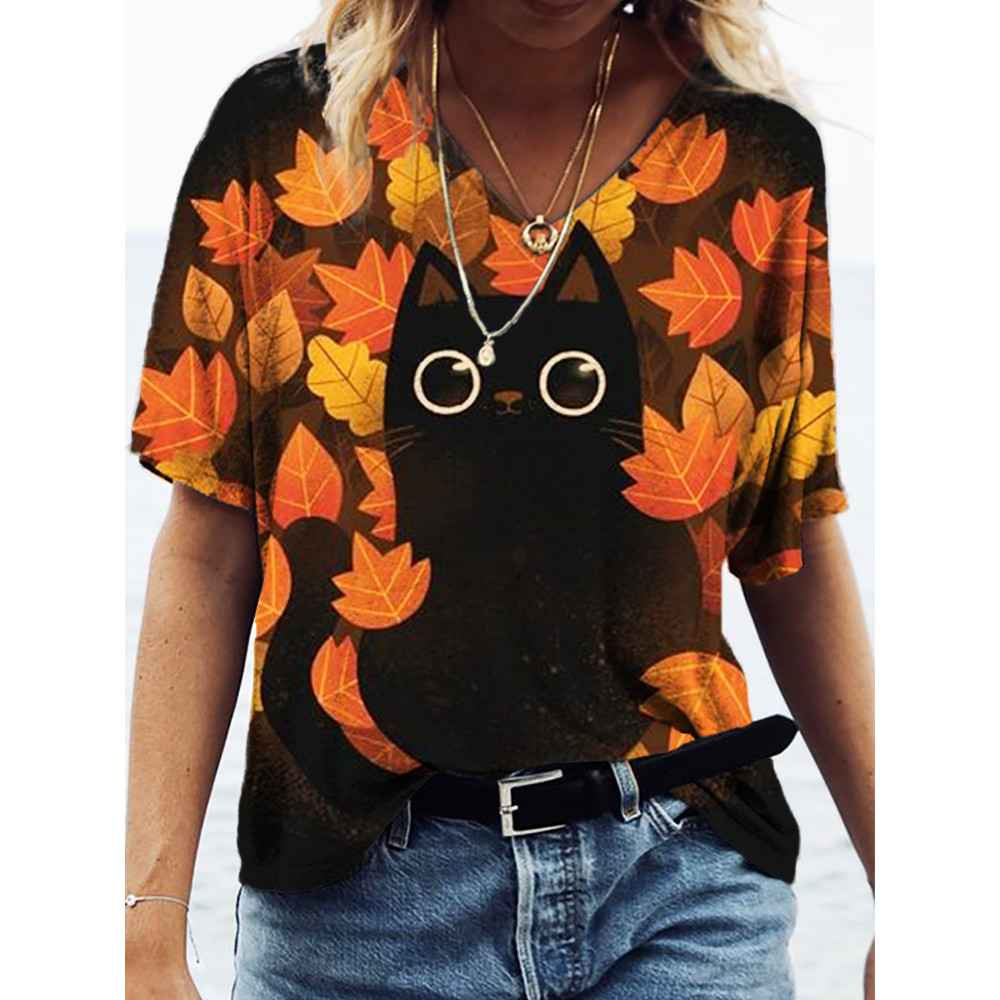 Animal Cat Fall Art Print V Neck T Shirt