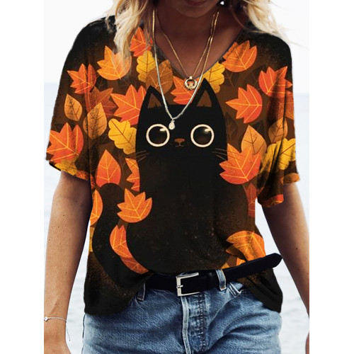 Animal Cat Fall Art Print V Neck T Shirt