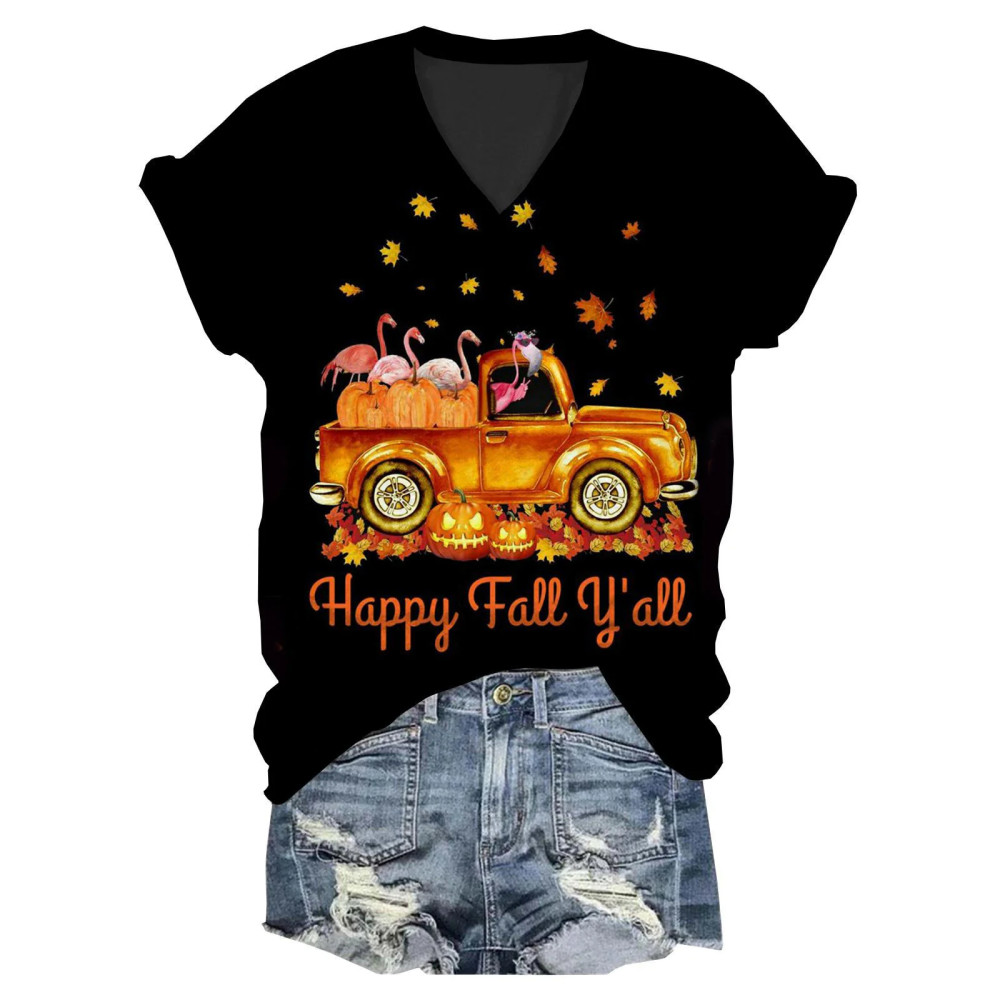Autumn Flamingo Maple Leaf Pumpkin Car Print V Neck T-Shirt