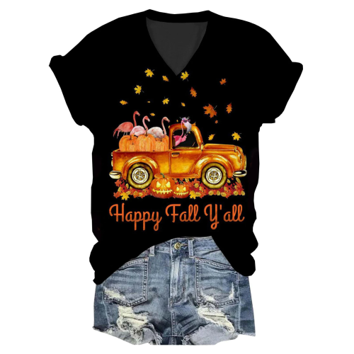 Autumn Flamingo Maple Leaf Pumpkin Car Print V Neck T-Shirt