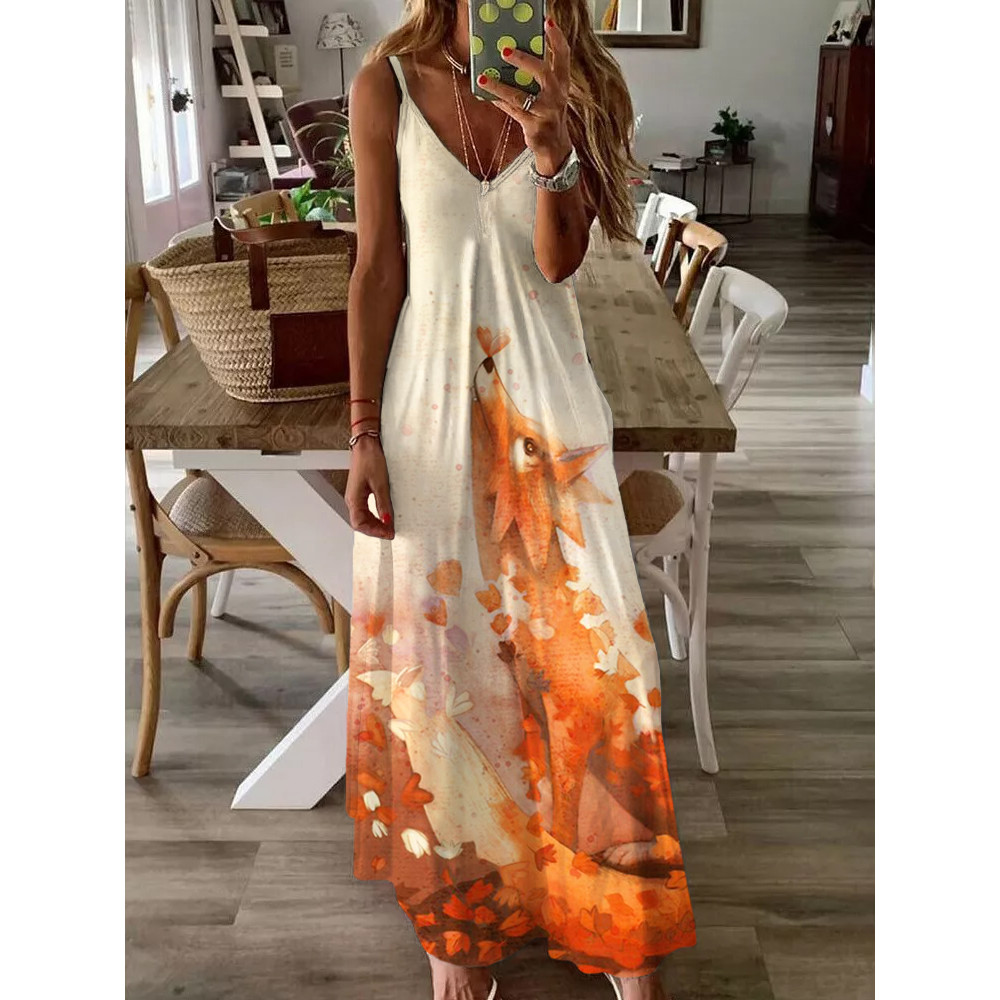 Autumn Fox and Maple Leaf Art Sling Long Dress