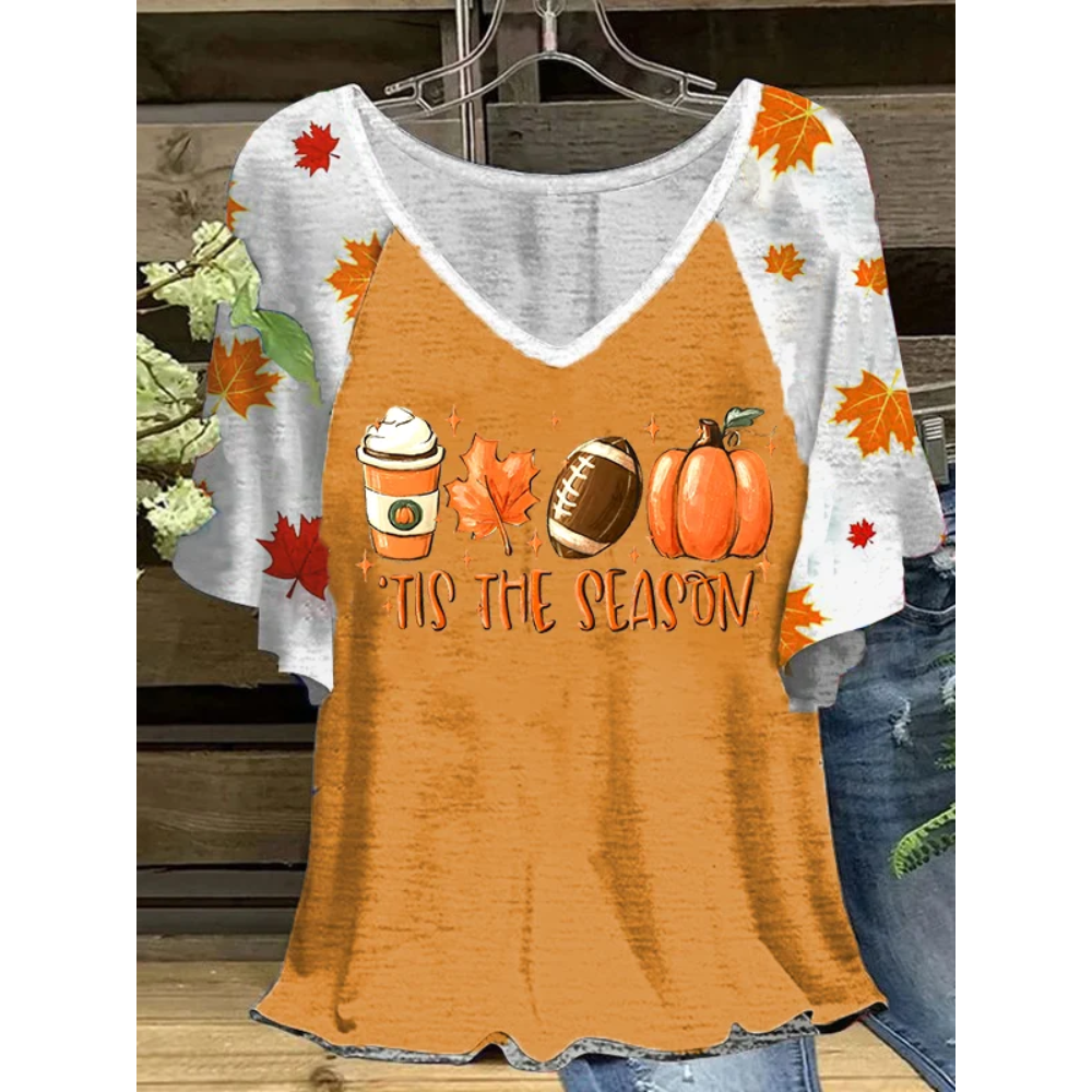Autumn Pumpkin Plaid Stitching Print Short-Sleeved T-shirt