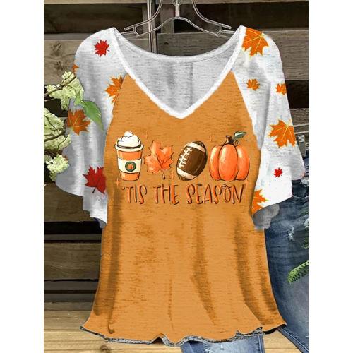 Autumn Pumpkin Plaid Stitching Print Short-Sleeved T-shirt