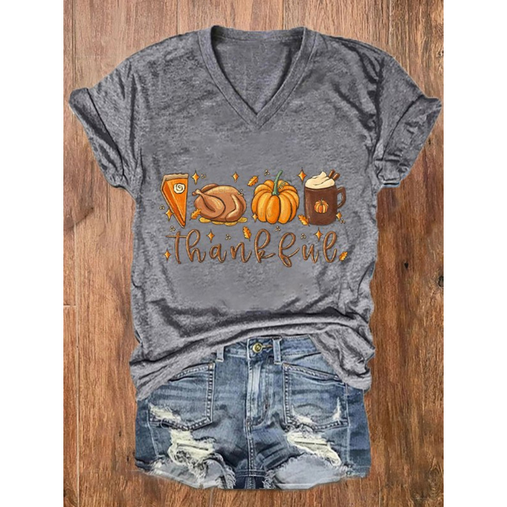 Autumn Thankful Pumpkin Print V Neck T Shirt