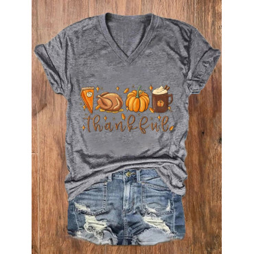 Autumn Thankful Pumpkin Print V Neck T Shirt