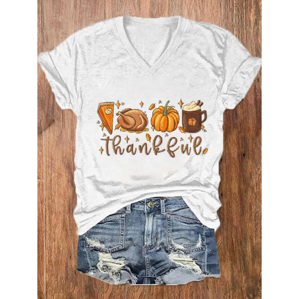 Autumn Thankful Pumpkin Print V Neck T Shirt