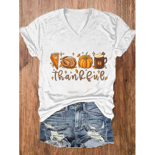 Autumn Thankful Pumpkin Print V Neck T Shirt