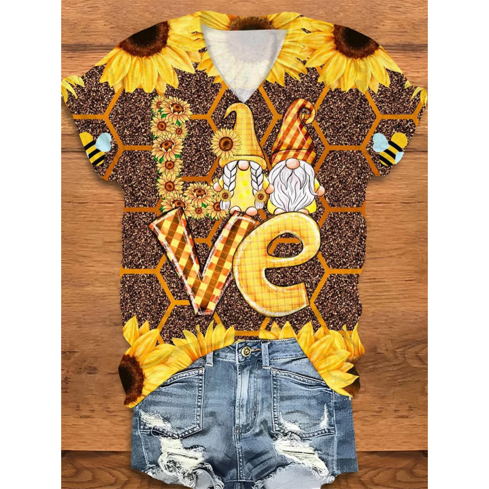Bee Gnome Sunflower V-Neck T-Shirt