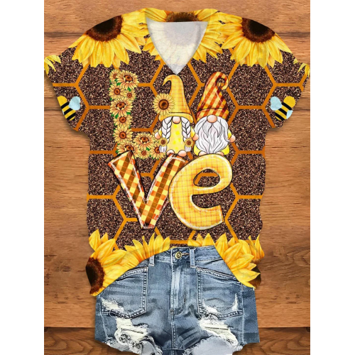 Bee Gnome Sunflower V-Neck T-Shirt