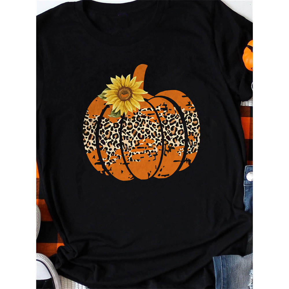 Black Leopard Pumpkin Sunflower Graphic T Shirt