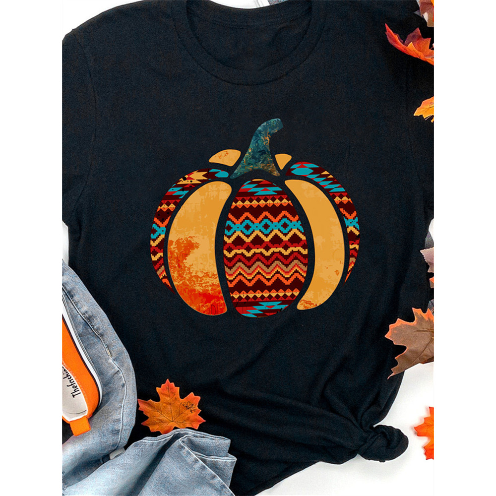 Black Tribal Fun Pumpkin Graphic Print Casual T Shirt