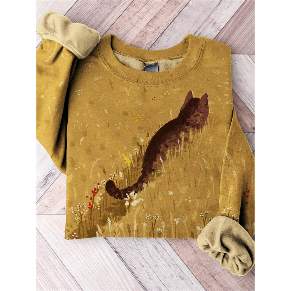 Cat in Field Art Cozy Sweatshirt