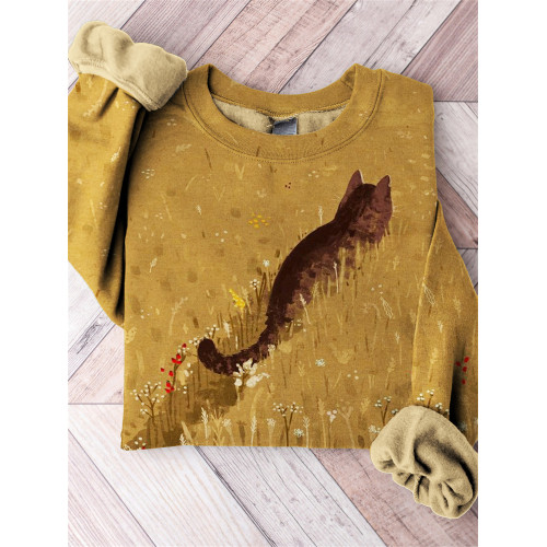 Cat in Field Art Cozy Sweatshirt