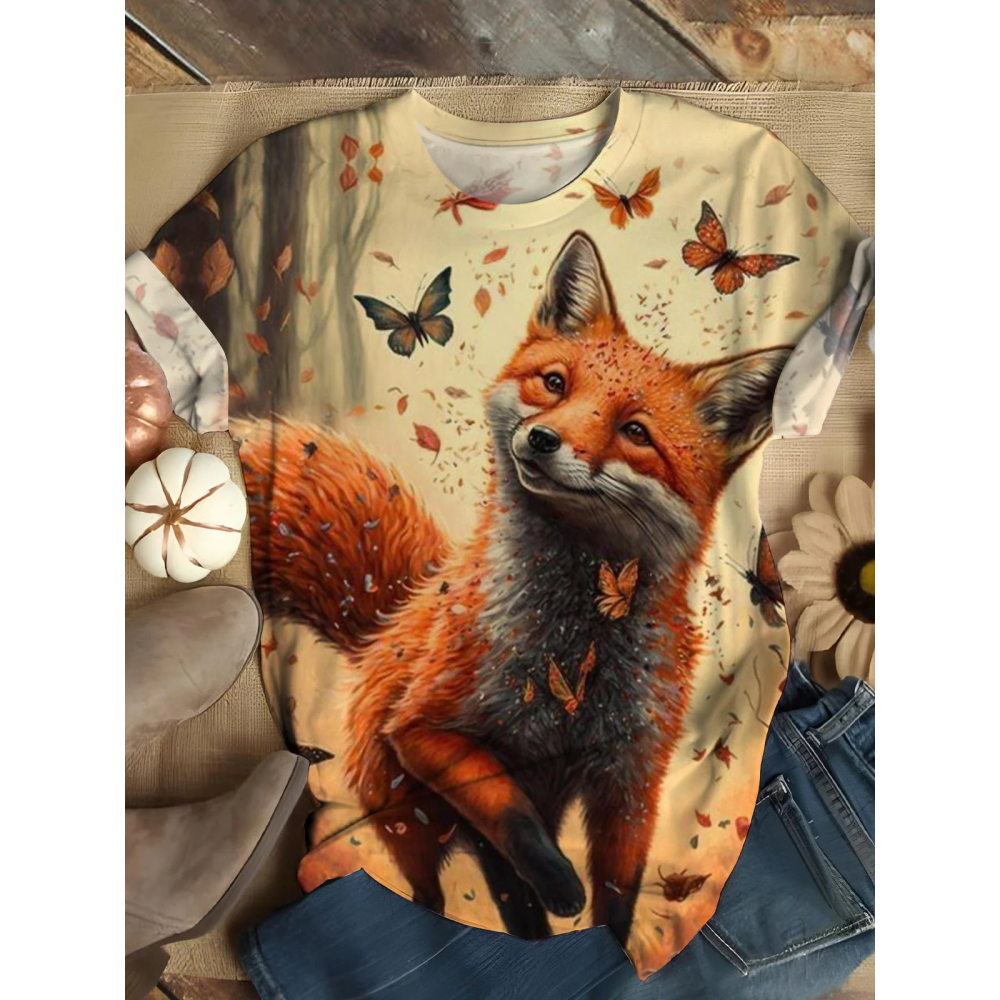 Crew Neck Fall Fox Print Top
